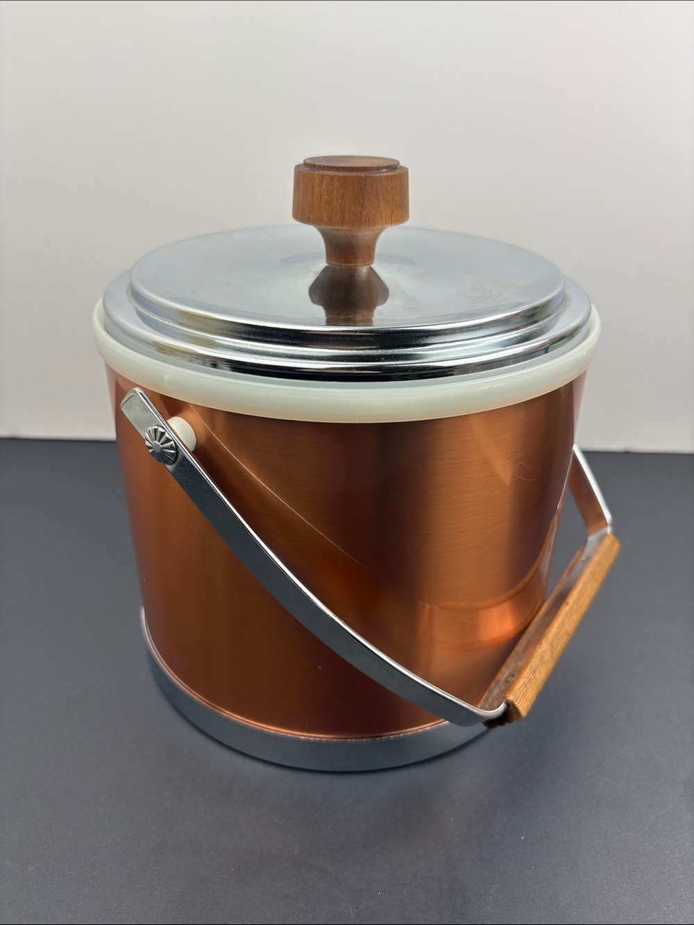 Kromex Copper & Silver Toned Ice Bucket with Wood Handle and Knob Vintage